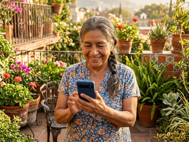Adulta mayor sonriente en su terraza soleada revisando el saldo de su tarjeta en su celular