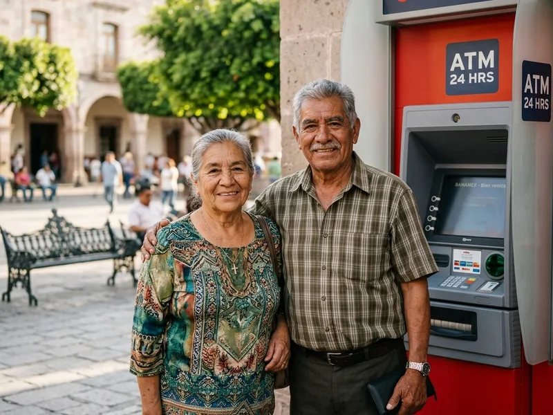 Pareja de adultos mayores sonrientes de pie junto a un cajero automatico en una plaza publica