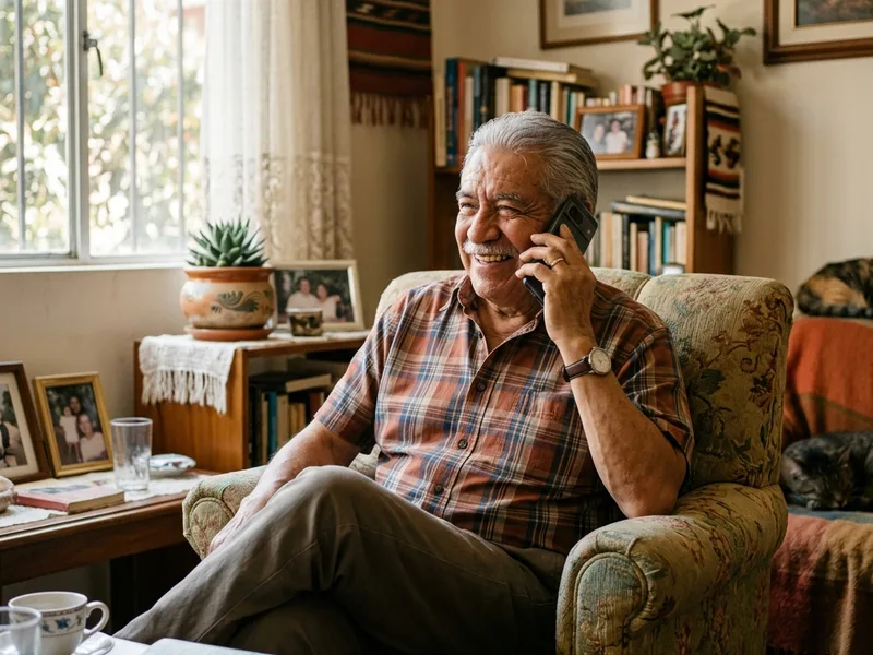Adulto mayor sentado comodamente en su sala sonriendo y hablando por telefono