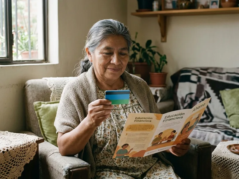 Adulta mayor leyendo folleto informativo y sosteniendo su nueva Tarjeta Bienestar