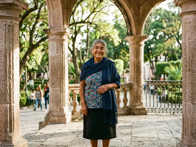 Adulto mayor bajo los arcos de cantera del Jardín de San Marcos en Aguascalientes