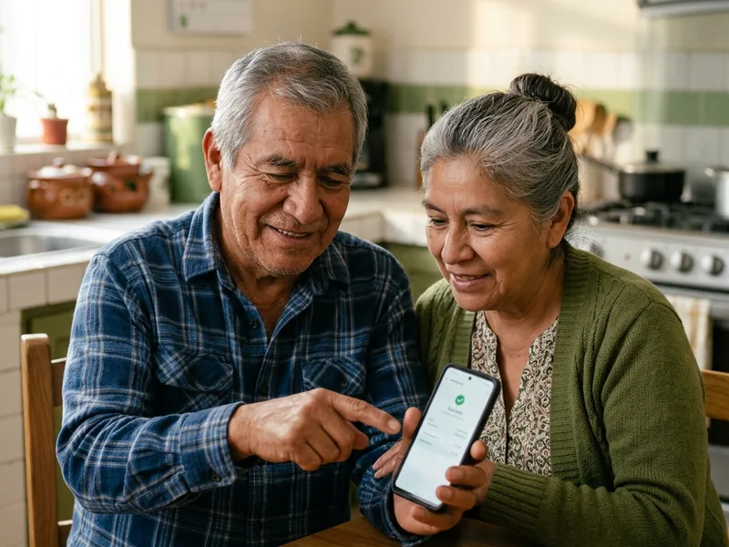 Pareja de adultos mayores revisando su aplicación móvil del bienestar en la cocina