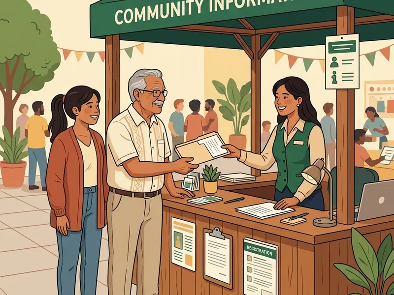 Abuelo y nieta sentados en módulo realizando el registro oficial de persona auxiliar