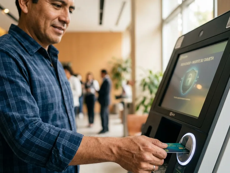 Hombre insertando tarjeta de débito en un cajero automático en sucursal