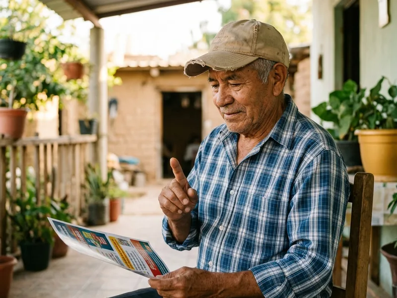 Adulto mayor mexicano sentado en modulo revisando documentos para el tramite de baja por deceso