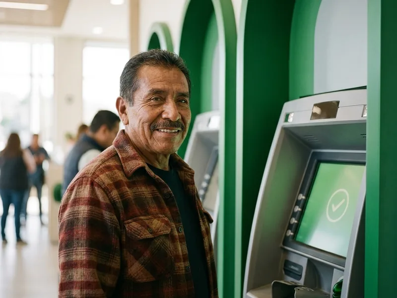 Diferencia entre Módulo del Bienestar y Sucursal del Banco del Bienestar 3 Ilustración de un adulto mayor sonriendo ante un cajero automático exitoso del Banco del Bienestar