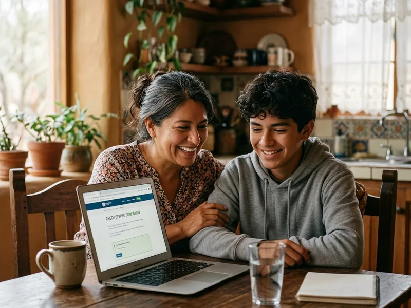 Madre mexicana y su hijo estudiante consultando buscador de estatus