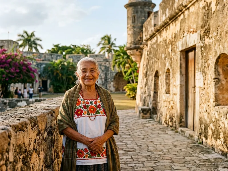 Adulto mayor junto a las murallas coloniales de Campeche