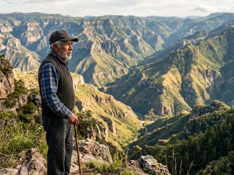 Adulto mayor mexicano mestizo con vestimenta modesta observando las majestuosas Barrancas del Cobre en Chihuahua