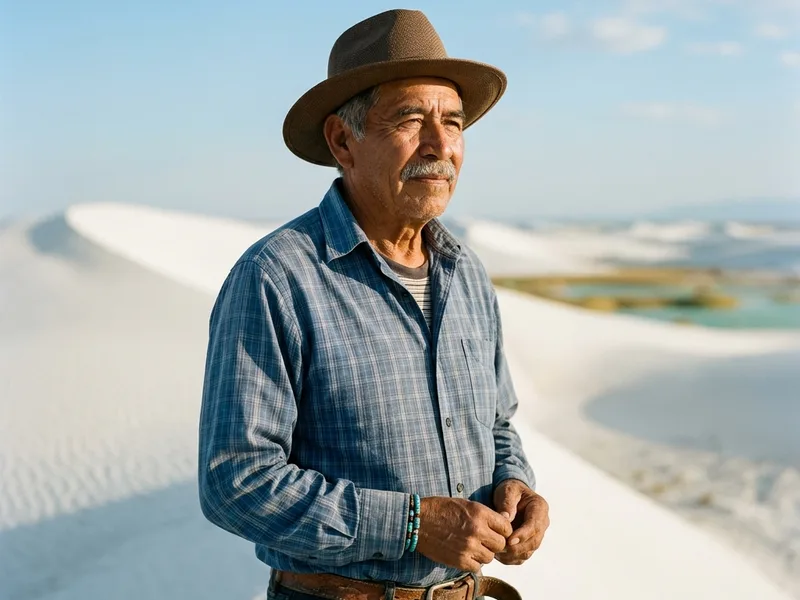 Adulto mayor mexicano mestizo con vestimenta modesta cerca de las dunas de yeso blanco en Cuatro Ciénegas, Coahuila