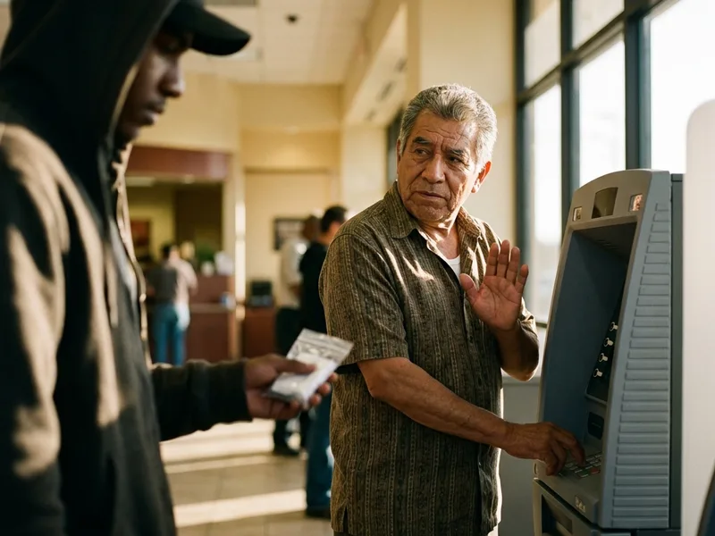 Ciudadano declinando asistencia de extraños en cajero automático por seguridad