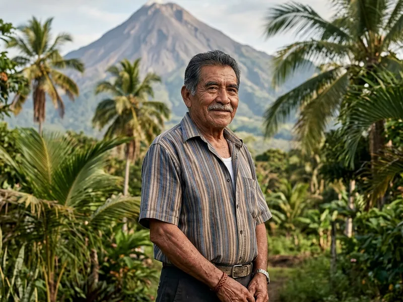 Adulto mayor mexicano mestizo con vestimenta modesta junto a palmeras con el Volcán de Colima al fondo