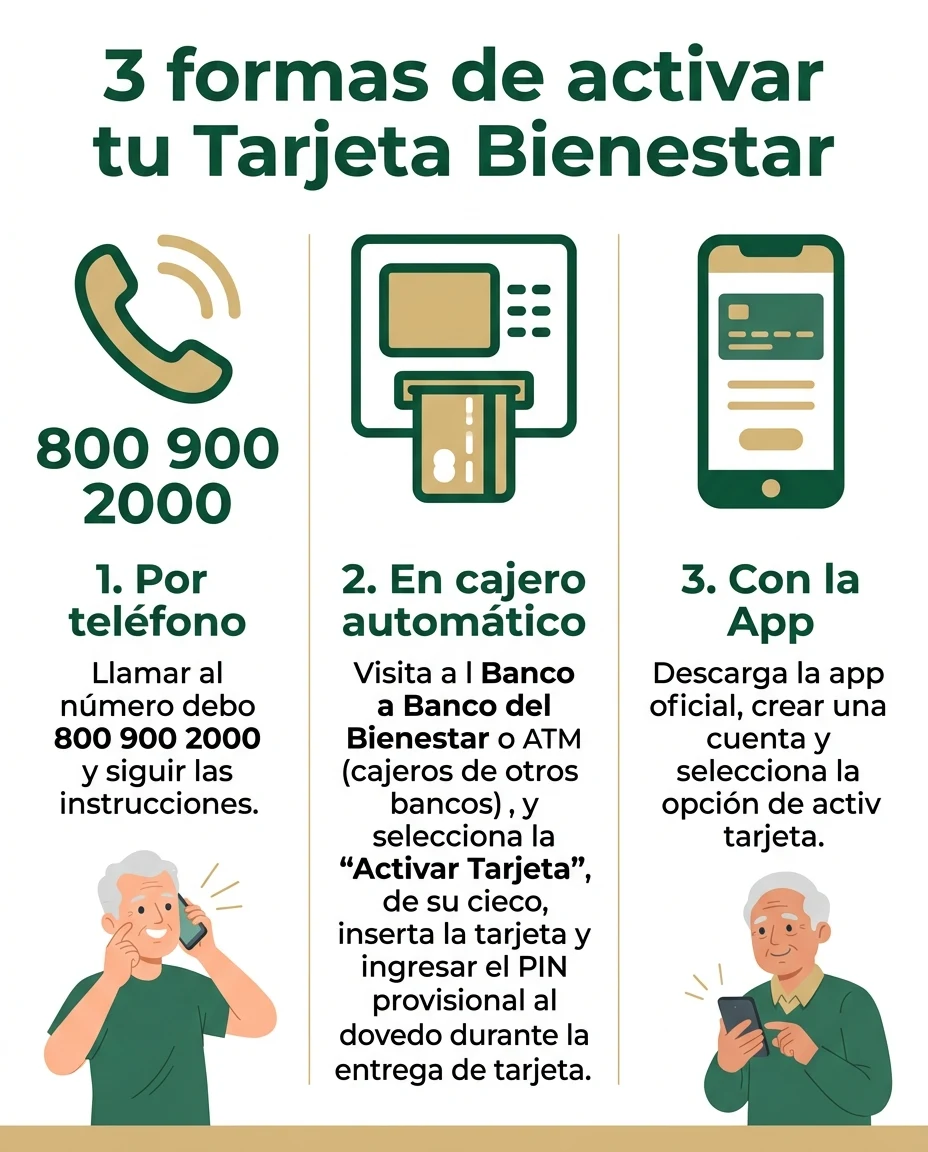 Pasos para activar la Tarjeta Bienestar (guía 2026) 2 Infografía: 3 formas de activar la Tarjeta Bienestar — teléfono 800 900 2000, cajero del Banco del Bienestar y app oficial