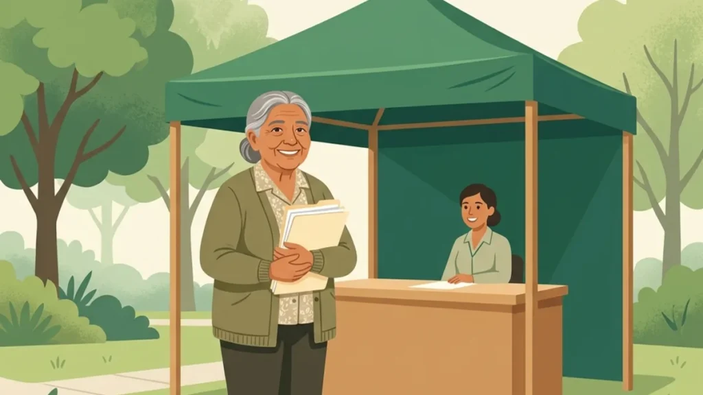 Ilustracion editorial de una adulta mayor sosteniendo documentos frente a un modulo del Bienestar