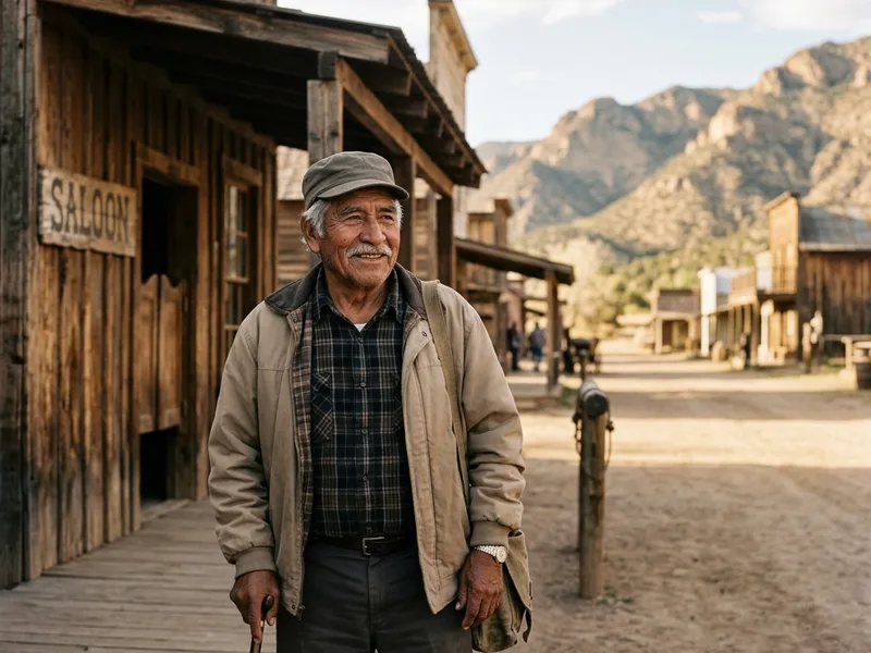 Adulto mayor mexicano mestizo con vestimenta modesta en un set de filmación del Viejo Oeste en Durango