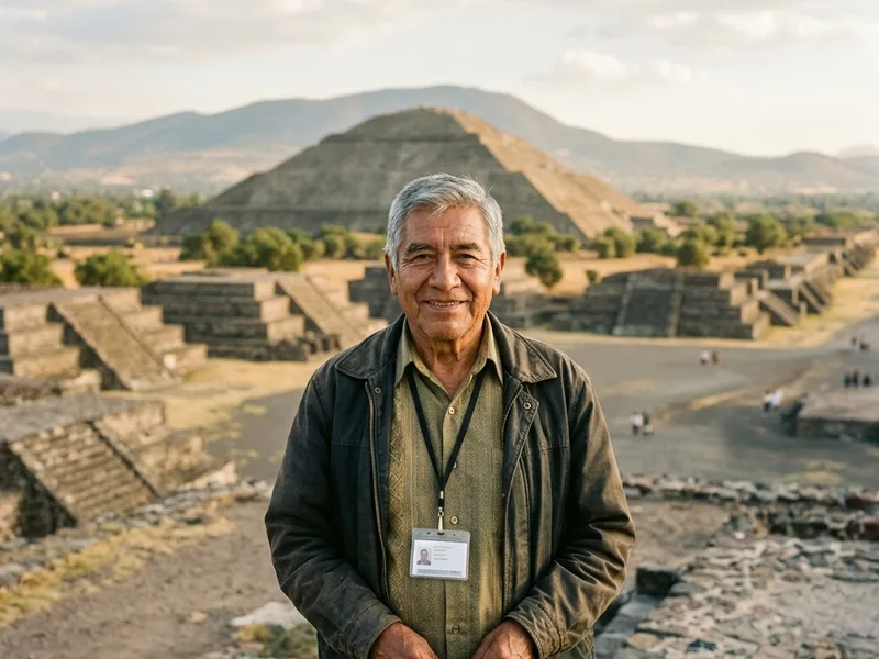 Un adulto mayor sonriente en el Estado de México, con las majestuosas pirámides de Teotihuacán de fondo en un atardecer dorado.