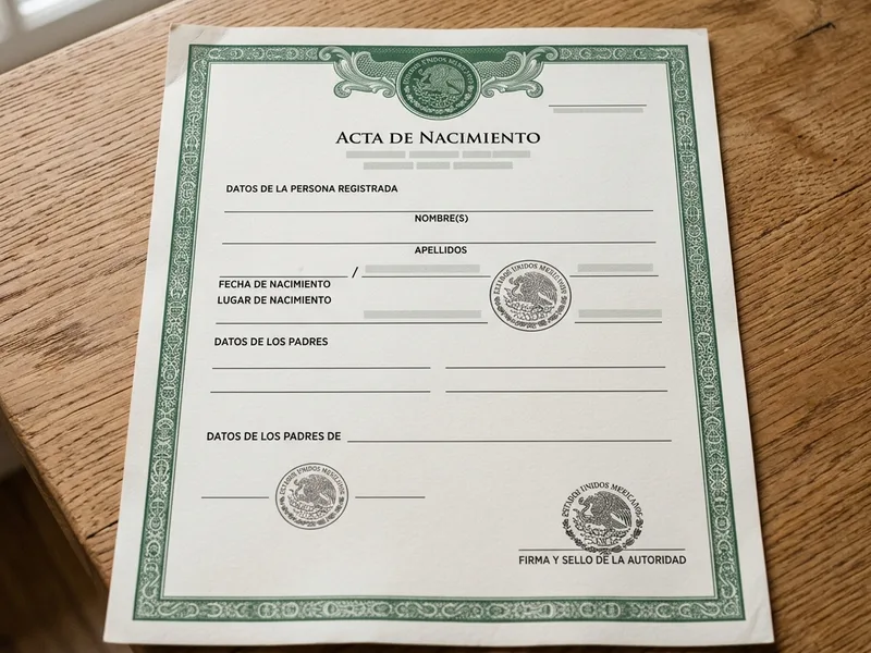 Acta oficial de defunción con bordes verdes y sellos oficiales sobre fondo neutro
