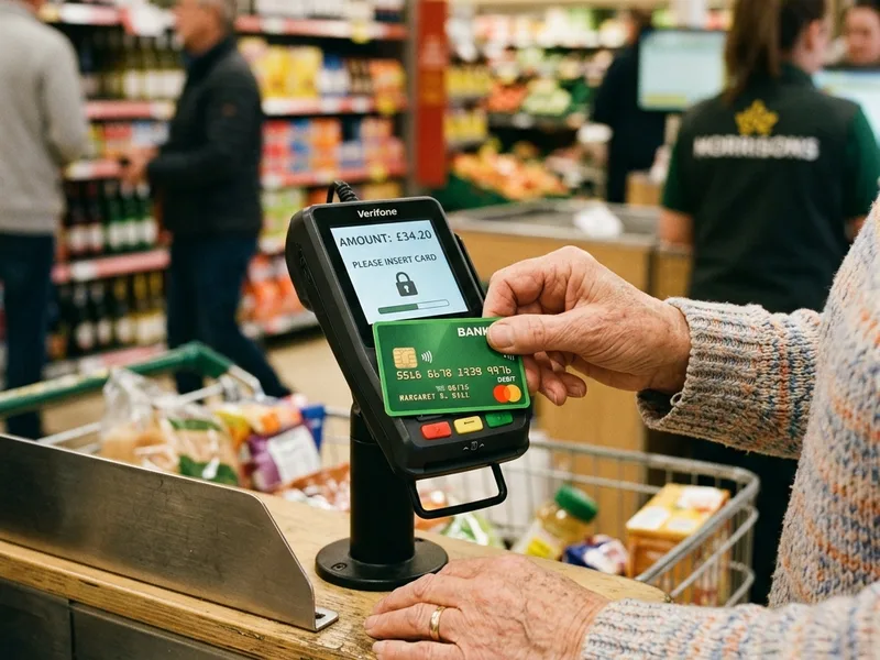 Preguntas frecuentes de la Tarjeta Bienestar (2026) 3 Mano de persona mayor pagando de forma segura con tarjeta bienestar en terminal de tienda