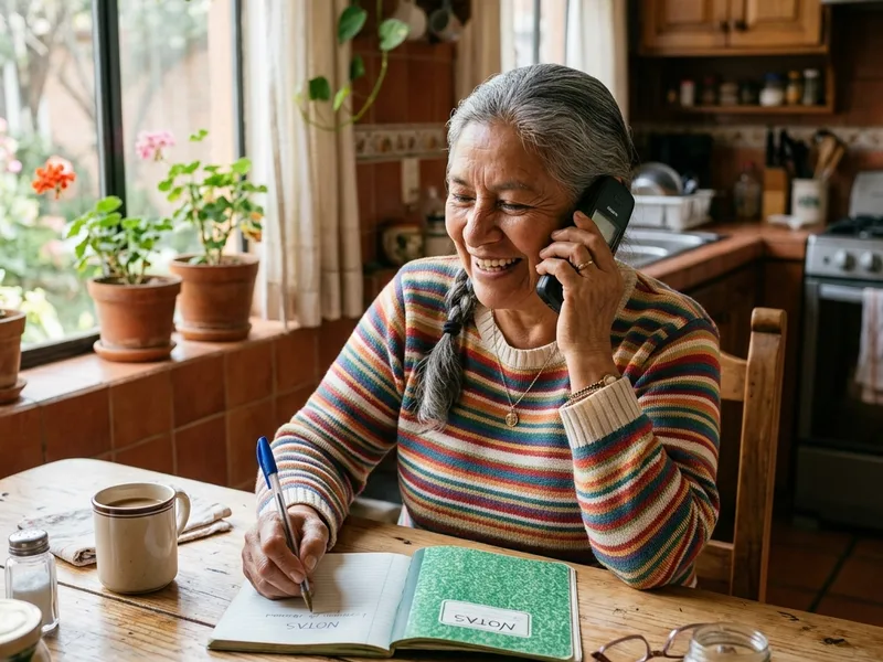 Preguntas frecuentes de la Tarjeta Bienestar (2026) 2 Adulta mayor mexicana sonriente hablando por telefono en su cocina para consultar dudas