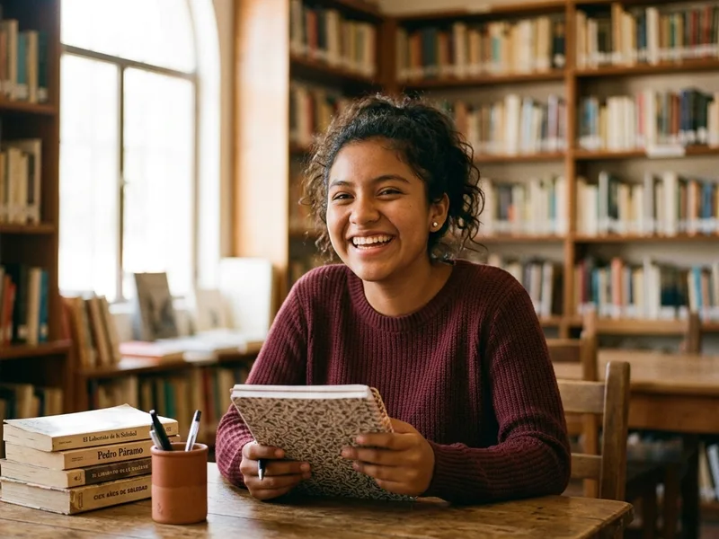 Estudiante mexicana sonriendo feliz en una biblioteca con libros y libreta