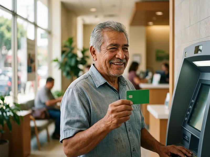 Adulto mayor mexicano retirando dinero con tarjeta en un cajero automático