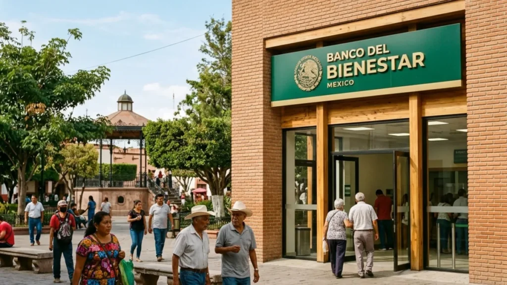 Fachada de ladrillo de una sucursal del Banco del Bienestar en una plaza pública con ciudadanos caminando