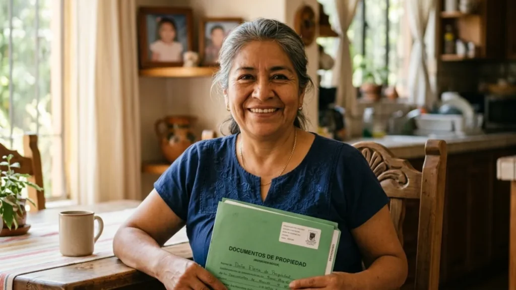 Mujer mexicana de 60 a 64 años sonriente con carpeta de documentos para la pensión mujeres bienestar