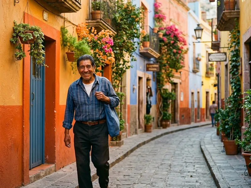 Adulto mayor en un callejón colonial colorido de Guanajuato