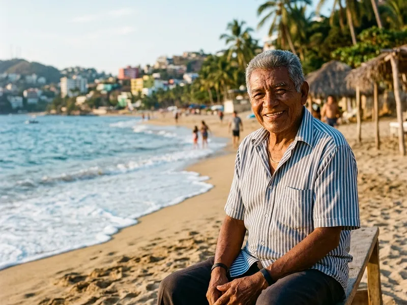 Adulto mayor sonriente en una playa de Acapulco, Guerrero