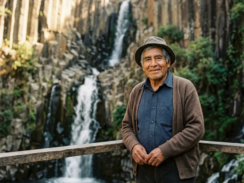 Un beneficiario adulto mayor en Hidalgo frente a las increíbles formaciones de los Prismas Basálticos y sus cascadas.