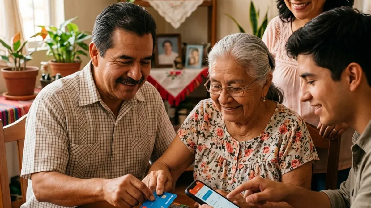 Familia ayudando a una adulta mayor a usar su Tarjeta Bienestar y el celular