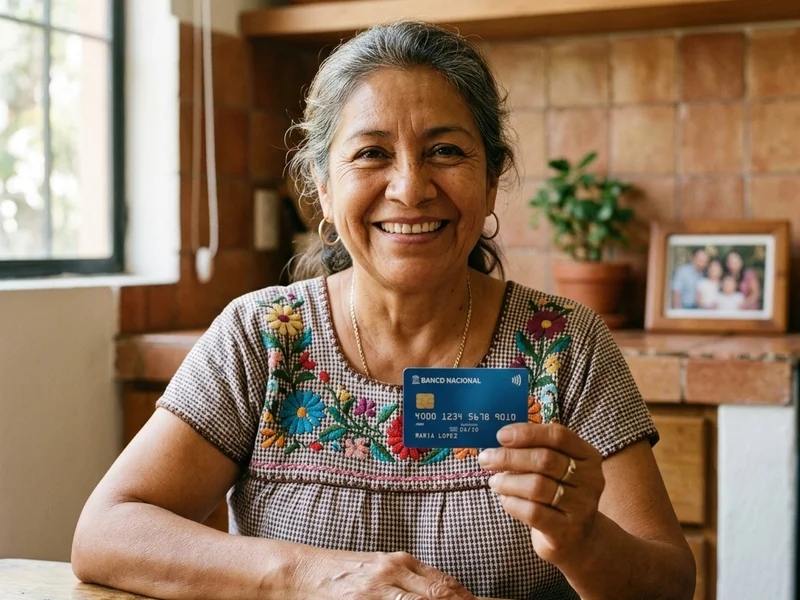 Mujer beneficiaria de la Pensión Mujeres Bienestar con su tarjeta
