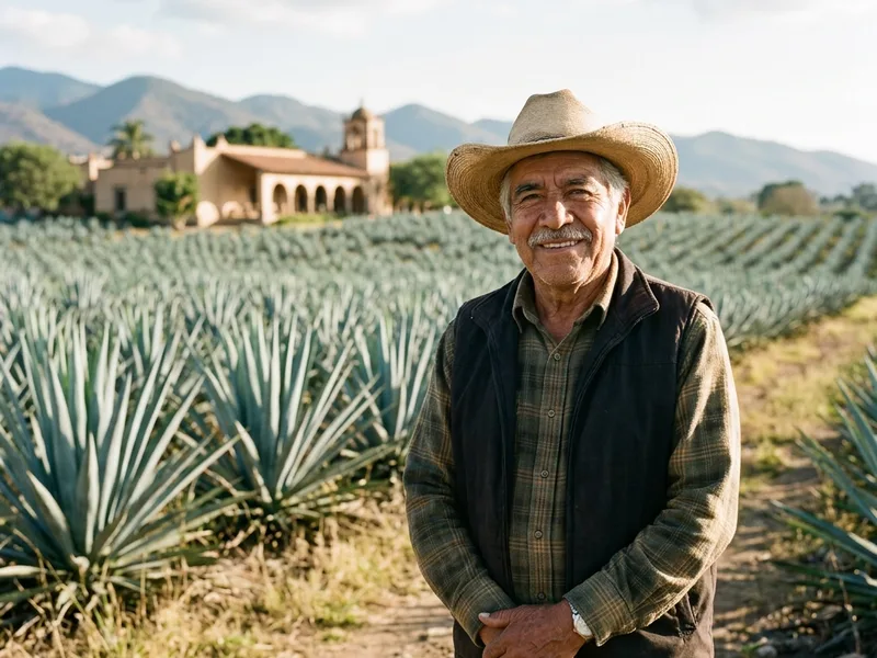 Un sonriente adulto mayor mexicano en los hermosos campos de agave azul de Jalisco con una hacienda colonial tradicional de fondo.