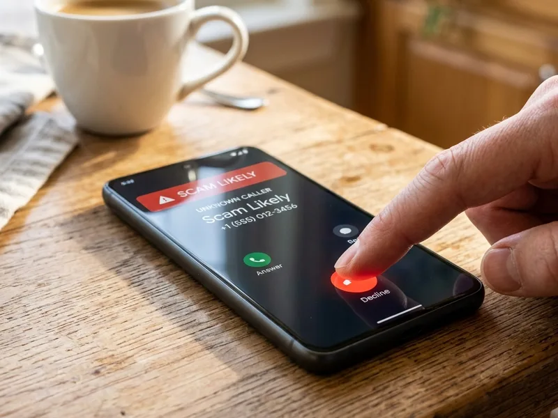 Ilustración de una llamada de spam bancario en celular siendo rechazada firmemente con el botón rojo