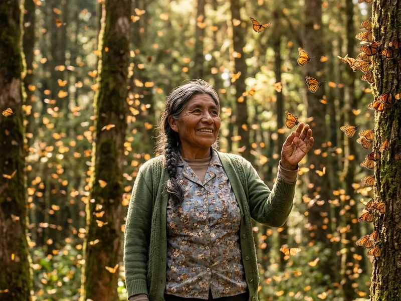 Una beneficiaria adulta mayor sonriendo en un denso bosque de pinos en Michoacán rodeada de miles de mariposas monarca.