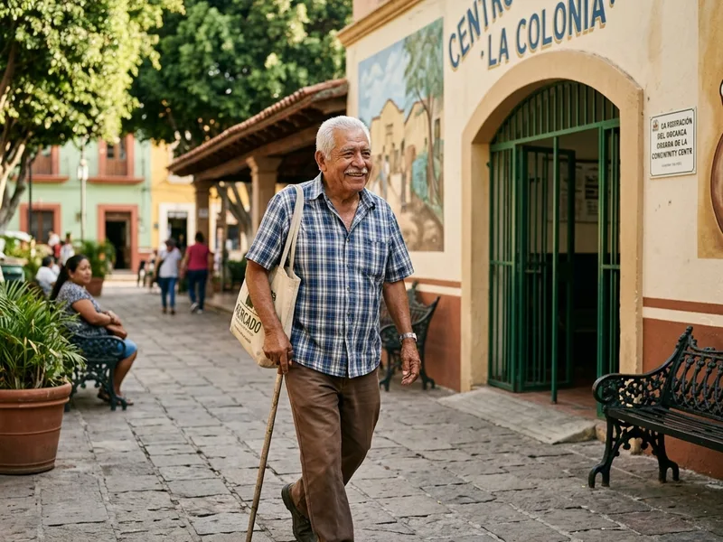Adulto mayor sonriente caminando hacia un centro comunitario en una plaza de Mexico