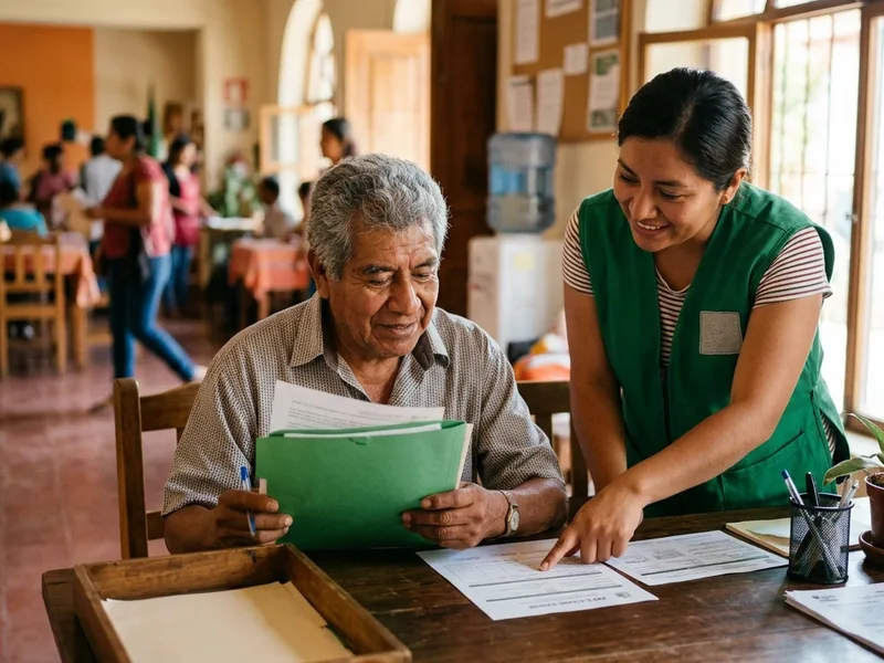 Diferencia entre Módulo del Bienestar y Sucursal del Banco del Bienestar 2 Ilustración de un adulto mayor registrándose en un Módulo del Bienestar con apoyo de una servidora pública