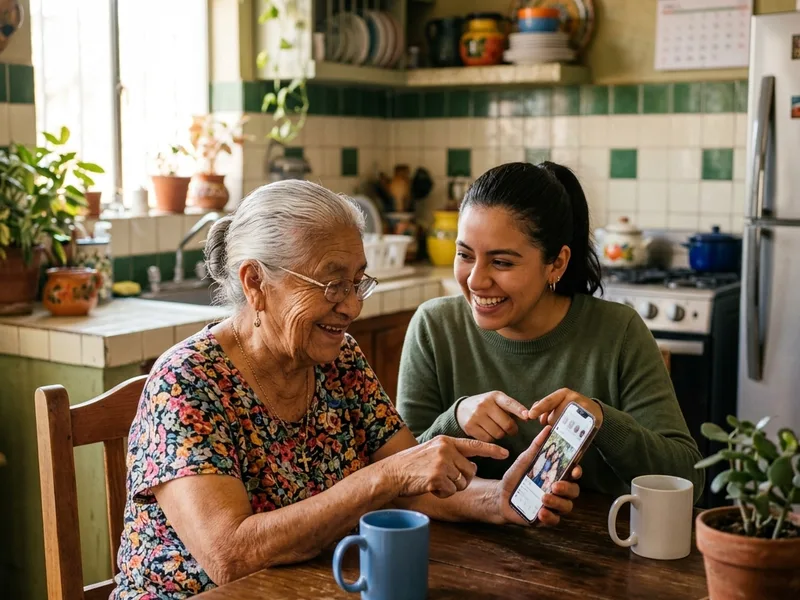Adulta mayor y su hija buscando la ubicacion de su modulo de bienestar en un celular en la cocina