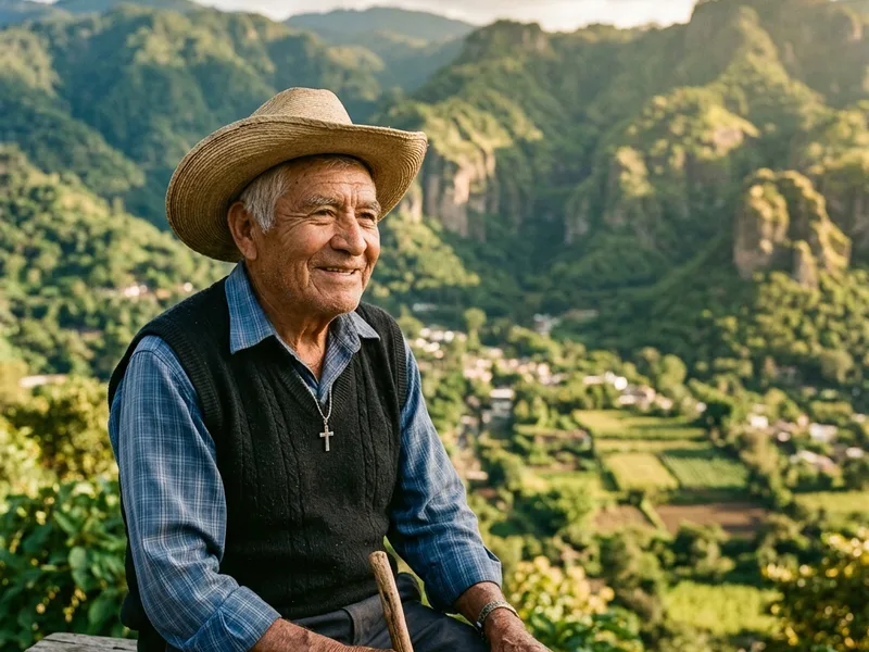 Adulto mayor mestizo sonriendo frente a las hermosas colinas verdes de Tepoztlán, Morelos