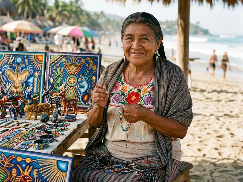 Adulto mayor mexicana sentada junto a artesanías Huicholes de cuentas coloridas en la playa de Sayulita, Nayarit