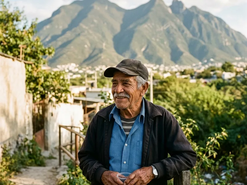 Adulto mayor sonriente apoyado en una barandilla con el majestuoso Cerro de la Silla de fondo en Monterrey, Nuevo León