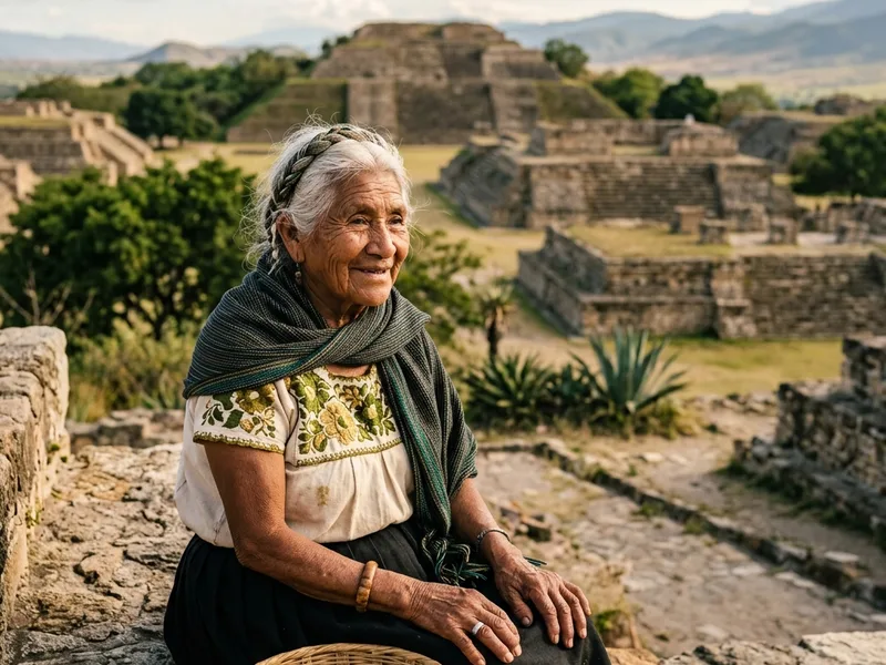 Adulto mayor mexicana sonriente sentada frente a las majestuosas ruinas arqueológicas de Monte Albán, Oaxaca