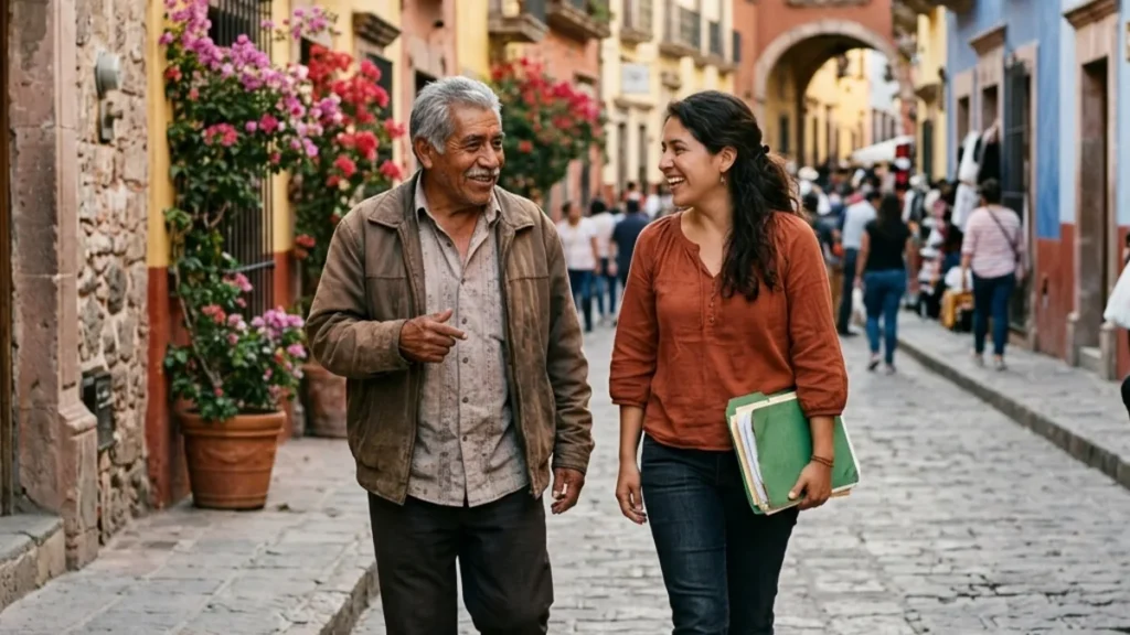 Ilustración de un adulto mayor caminando y platicando de forma alegre y segura con su nieta auxiliar que carga documentos
