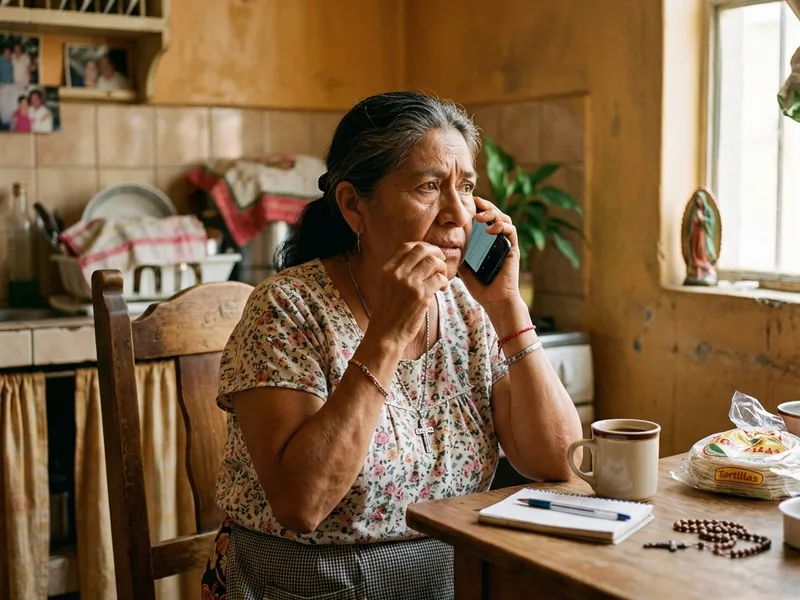 Adulta mayor con gesto de sospecha en llamada telefónica en su cocina para evitar fraude