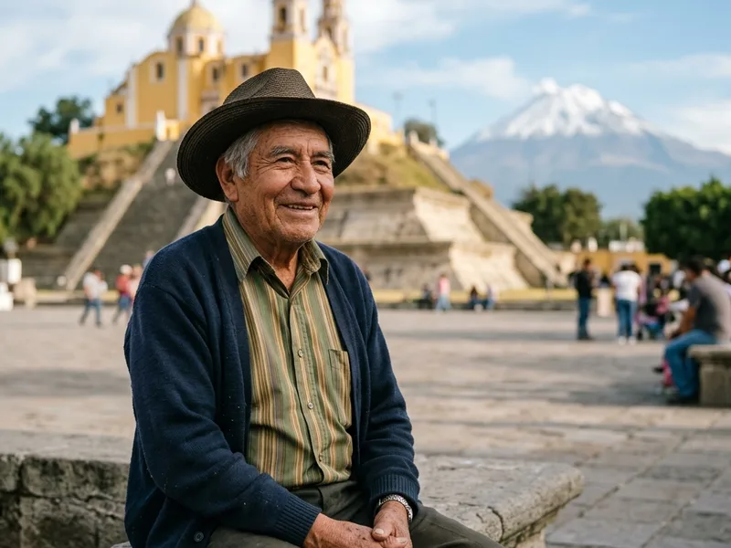 Adulto mayor frente a la iglesia de Cholula y el volcán Popocatépetl en Puebla