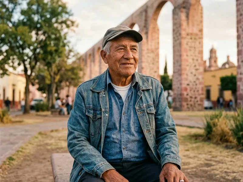 Adulto mayor frente a los arcos del acueducto colonial de Querétaro