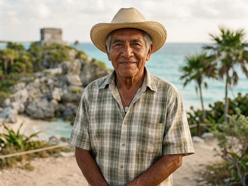 Adulto mayor frente a las ruinas arqueológicas de Tulum en Quintana Roo