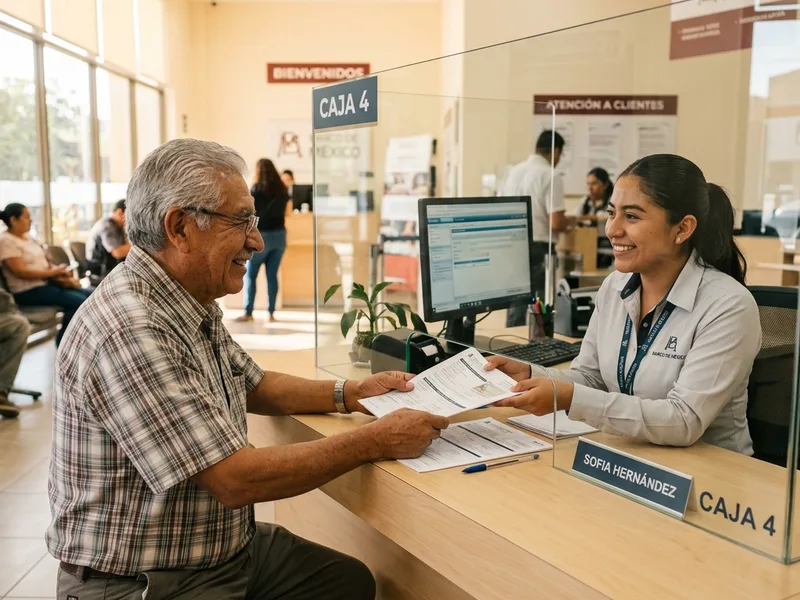 Renovar la Tarjeta Bienestar al expirar (2026): cómo y dónde 3 Beneficiario mexicano en ventanilla de banco del bienestar recibiendo información sobre su renovación