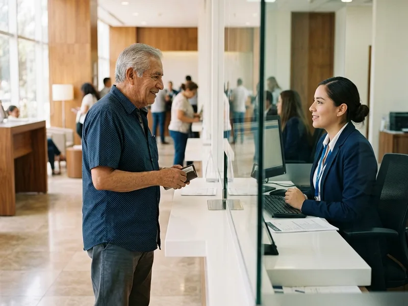 Reposición de la Tarjeta Bienestar (Banorte) 2026: robo, extravío o daño 3 Beneficiario mexicano recibiendo atención presencial en ventanilla bancaria para retirar su nueva tarjeta bienestar