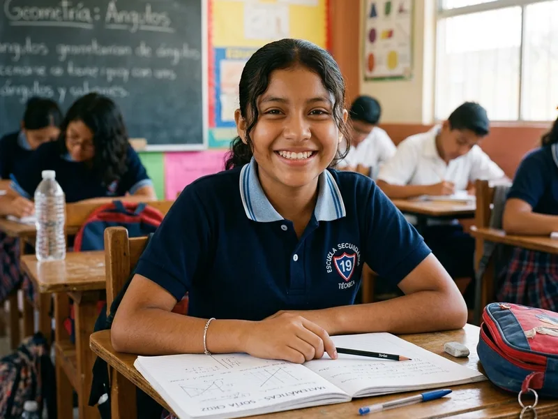 Beca Rita Cetina 2026: registro, calendario y montos 2 Estudiante de secundaria mexicana sonriente sentada en su pupitre de escuela publica